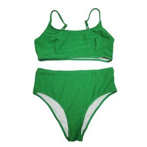 Green Womens Textured High Waist Bikini Set Swimsuit Size L